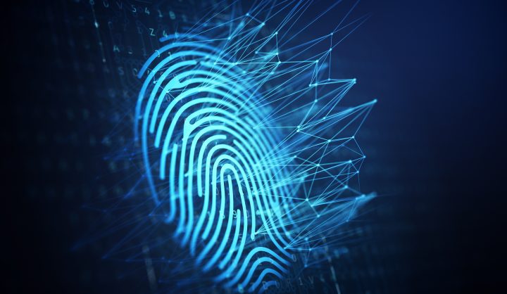 Blue digital fingerprint on a black background
